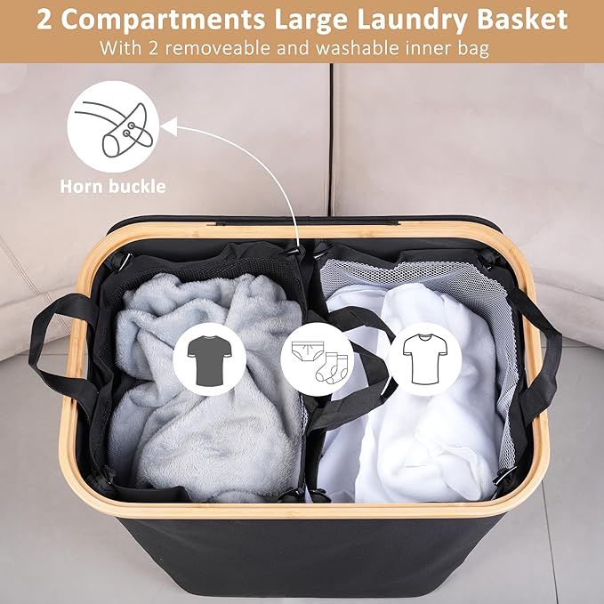 150L Laundry Basket with Lid,Large Laundry Hamper with Bamboo Handles, Hampers for Laundry, Dirty Clothes Hamper with 2 Removable Inner Bags for Clothes Toys Towels,Black