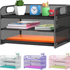 Samstar 3 Tier Letter Tray Paper Organizer with Handle, Mesh Desk Organizer Paper Sorter File Rack Shelves, Black