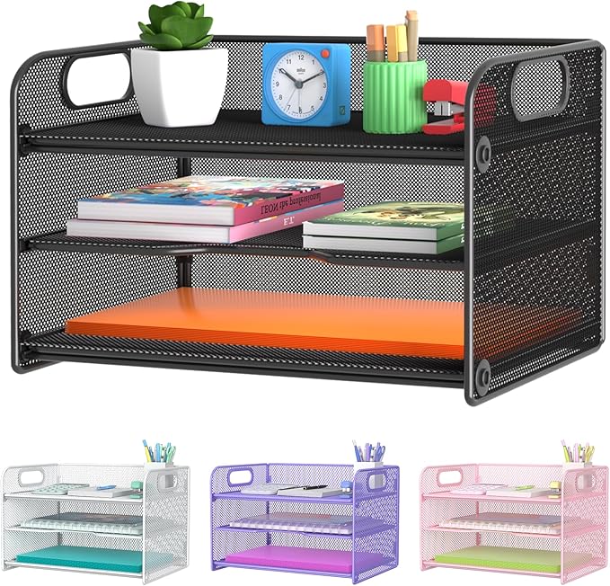 Samstar 3 Tier Letter Tray Paper Organizer with Handle, Mesh Desk Organizer Paper Sorter File Rack Shelves, Black