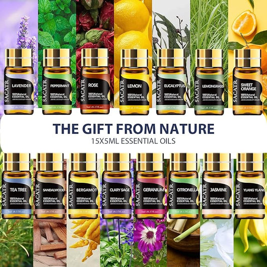 SACATR 500ml Essential Oil Diffuser with 15 Essential Oils, Ultrasonic Cool Mist Humidifier, Remote Control, 4 Timers, 15 Color Lights, Auto Shut-Off