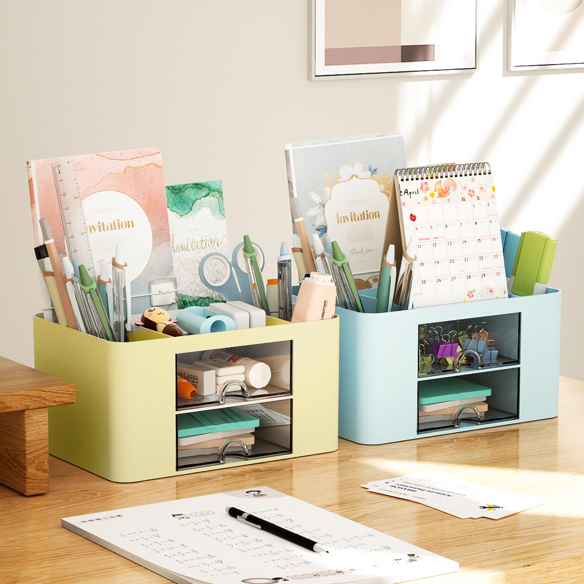 Marbrasse Pen Organizer with 2 Drawer, Multi-Functional Pencil Holder for Desk, Desk Organizers and Accessories with 5 Compartments + Drawer for Office Art Supplies (Blue) Dormly