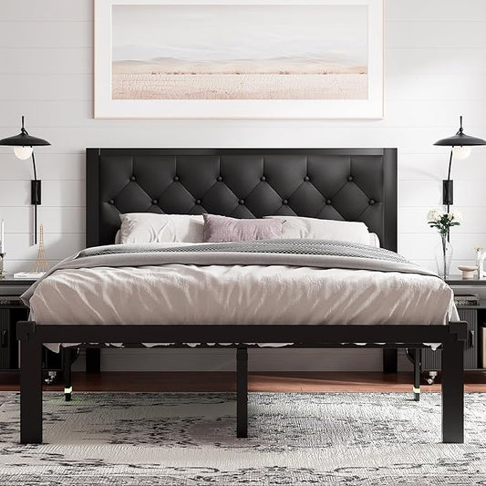 Feonase Full Size Metal Bed Frame with Faux Leather Button Tufted Headboard, Heavy-Duty Platform Bed Frame with 12" Storage, Steel Slats Support, No Box Spring Needed, Noise Free, Matte Black