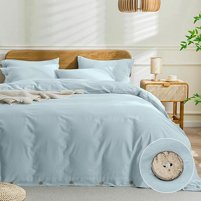JELLYMONI Cotton Duvet Cover Full Size - Light Blue Comforter Cover with Button 100% Washed Cotton 3PCS Breathable Soft Solid Bedding Set Duvet Cover 80×90in & 2 Pillowcases (NO Comforter)