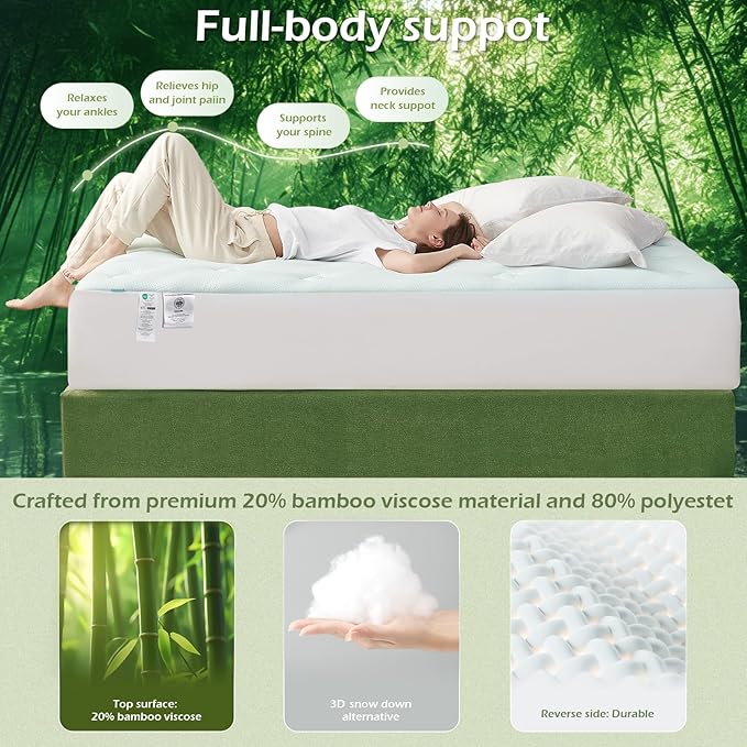 Hansleep King Mattress Topper Viscose Derived from Bamboo, Memory Foam Pillow Top Mattress Topper King with Deep Pocket, Breathable Mattress Pad for Back Pain Relief, 78" x 80", White