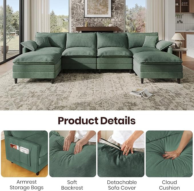 143" U Shaped Modular Sectional Cloud Couch with Two Ottoman, Snap-on Easy Installation 6-Piece Deep Seat Sofa with Storage Bag and Coffee Table for Living Room, Corduroy, Green