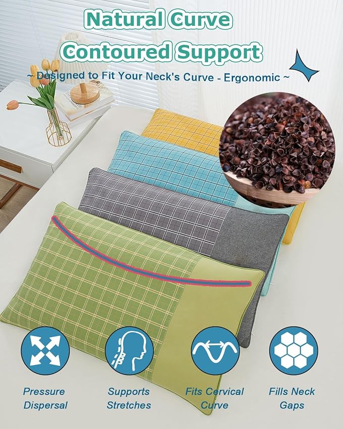 Buckwheat Hull Neck Pillow for Sleeping, Adjustable Height and Firmness Pillow, Washable Cover, Cervical Firm Neck Support for Cool Sleep, 23x13 Inch, Grey