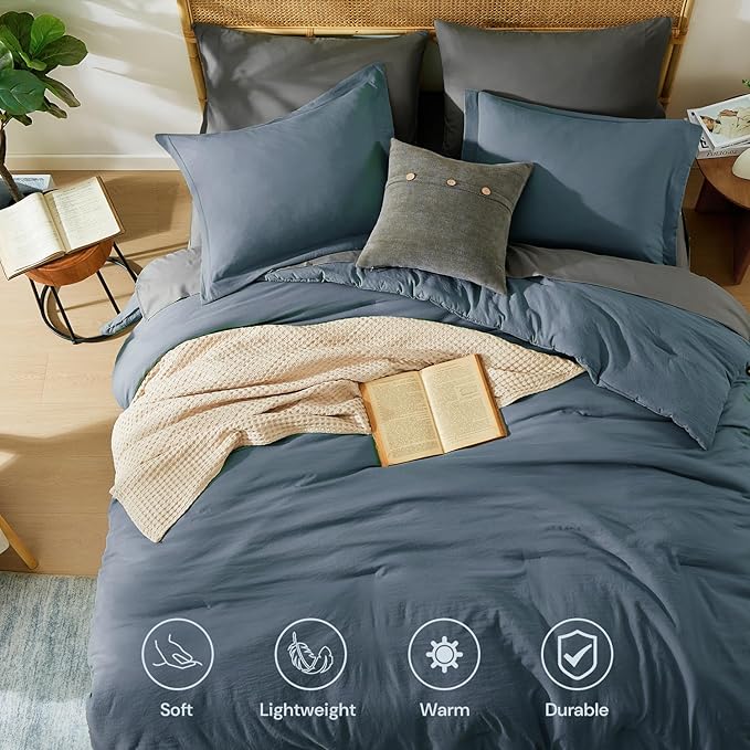 WRENSONGE Queen Comforter Set - 7 Pieces Blue Grey Bed in a Bag Queen with Sheets, 2 Pillow Shams, and 2 Pillowcases- Warm Bedding Sets Queen for All Season