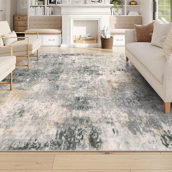 Lahome Modern Abstract 9x12 Area Rugs for Living Room, Washable Living Room Rug for Bedroom Low Pile Non Slip, Grey Soft Indoor Accent Carpet for Dining Room Table Apartment