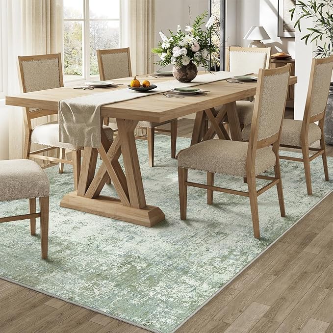 6x9 Washable Area Rug Sage Green Abstract Living Room Bedroom Carpet Neutral Modern Non-Slip Soft Low Pile Lightweight Vacuumable Throw Rug for Dining Room Kitchen
