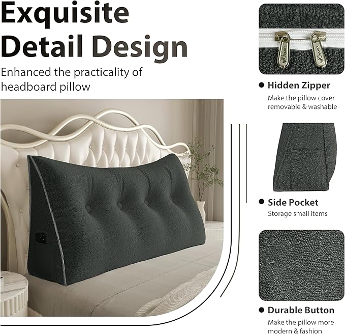 8 lbs Thickened Twin Wedge Pillow Headboard College Dorm Bed Velvet Wedge Pillow Backrest Triangular Headboard Pillows with Side Pocket, Dorm Bedding Essentials for Girls & Boys, Deep Grey