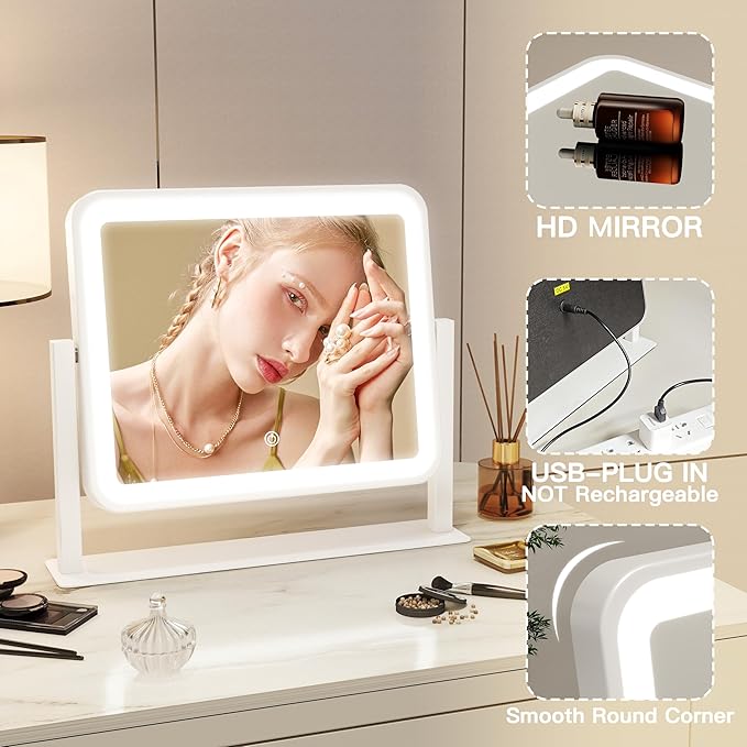 ROLOVE Vanity Mirror with Lights, 14"×12" LED Makeup Mirror, Lighted Makeup Mirror with Lights, Smart Touch Control 3 Colors Dimmable, Lighted Up Mirror for Makeup Desk, Bedroom, Women Gift