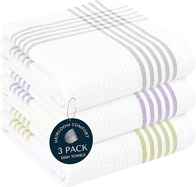 White Waffle Weave Kitchen Towels 3 Pack, 16x26 Inch, Cotton Dish Towels, Quick Dry, Absorbent, Machine Washable, Durable for Kitchen & Cleaning, Light Grey, Lavender, Lemon Green