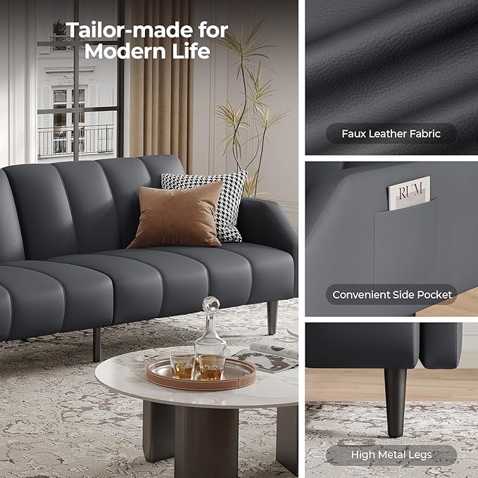 Fadware Faux Leather Couch, Convertible Futon Sofa Bed with Adjustable Backrest, Mid Century Leather Sofa Loveseat with Side Pockets& Metal Leg, Modern Leather Sleeper Sofa for Living Room Bedroom