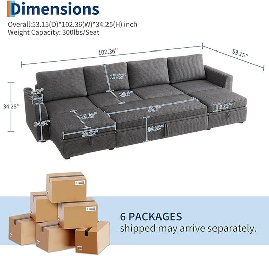 GarveeHome Sectional Sleeper Sofa with Pull Out Bed, Corduroy Modular Sectional 6 Seat Couch with Pull Out Couch and Storage Seat & 2 Ottomans, Convertible Couches for Living Room
