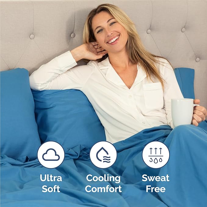 Split King 7 Piece Sheet Set - Cooling & Breathable Bed Sheets - Hotel Luxury Bed Sheets for Women, Men, Kids & Teens - Deep Pockets - Easy Fit - Soft and Wrinkle Free - Split King Denim Blue Sheets