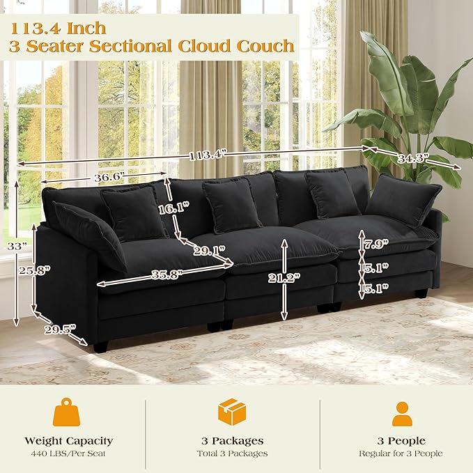 113.4" Modular Sectional Sofa,Cloud Couch for Living Room, Modern Deep Seat Sofa 3 Seater Chenille Fabric Comfy Couches with Throw Pillows for Apartment