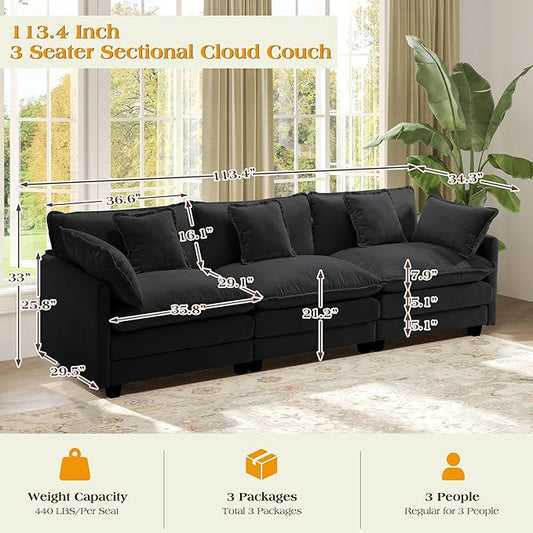 113.4" Modular Sectional Sofa,Cloud Couch for Living Room, Modern Deep Seat Sofa 3 Seater Chenille Fabric Comfy Couches with Throw Pillows for Apartment