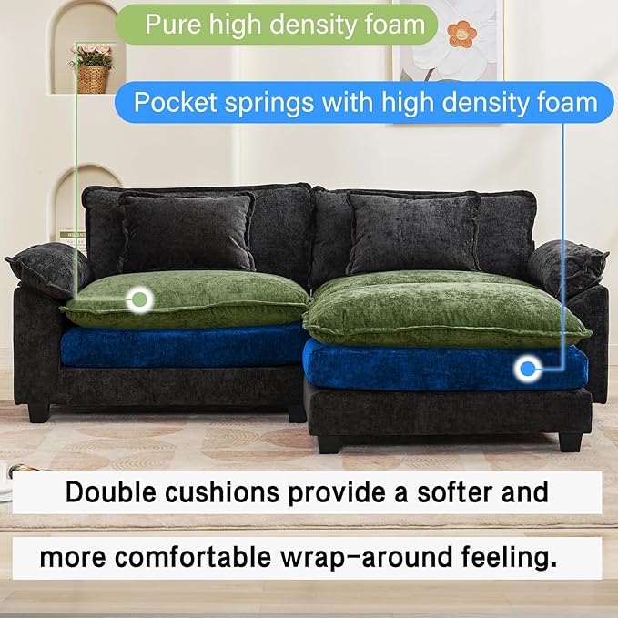 86" Modular Sectional Sofa, Comfy Cloud Couch Sectional Sofa with Ottoman, Chenille Sofa Sleeper Deep Seat Sofa with Throw Pillows for Living Room (Black, 86"- L Shape)