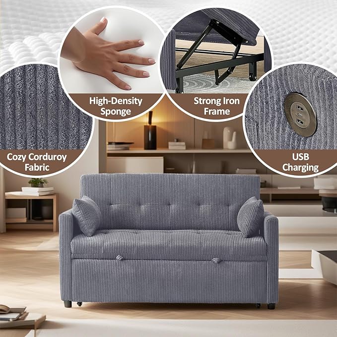Sofa Bed, Loveseat 3-in-1 Sleeper Sofa with Pull Out Bed and USB, Modern Corduroy 2 Seater Convertible Small Couch for Living Room Bedroom Apartment, Gray