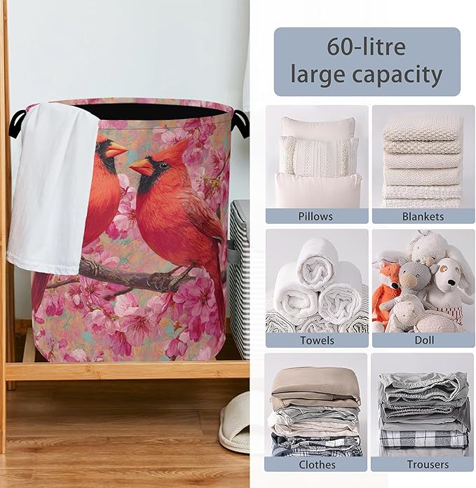 Red Cardinal Laundry Hamper,Cherry Blossoms Dirty Clothes Laundry Basket with Handles Waterproof Oxford Cloth Storage Basket for College Dorms Bathroom Bedroom 16" x 20.8"