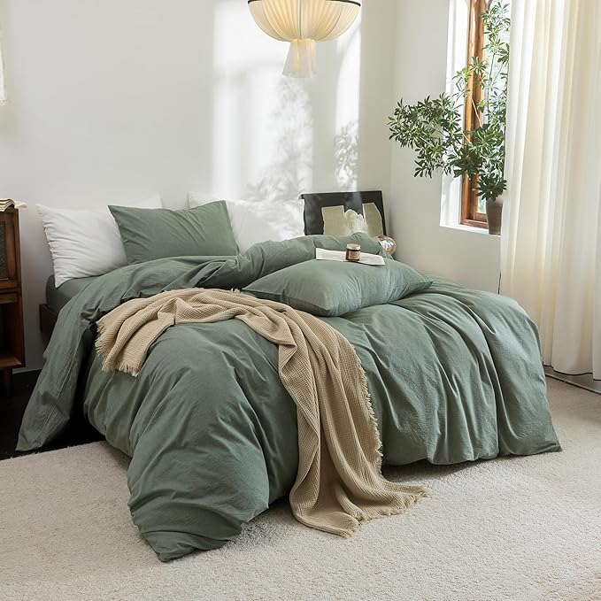 FOSSA Duvet Cover Set 100% Washed Cotton Linen Feel Super Soft Breathable Cozy Simple Style 3 Pieces Bedding Sets Solid Heathered Green Super Queen