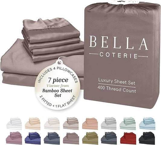 Bella Coterie 7 Piece Luxury Bamboo Viscose Split King Size Sheet Set | 2 Fitted Sheets for Adjustable Beds | 100% Organically Grown | Cooling for Hot Sleepers | 4 Pillowcases [Mocha]