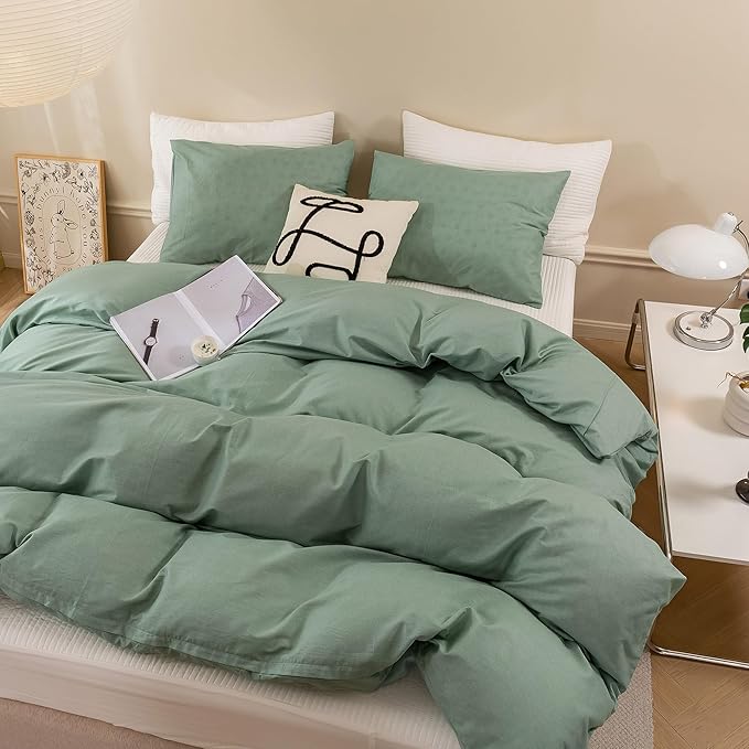 ECOCOTT Olive Green Duvet Cover King Size - 100% Washed Cotton Durable Soft Comfy Duvet Cover Set, 3 Pieces Duvet Cover with Zipper Closure (Green, 104''x90'')