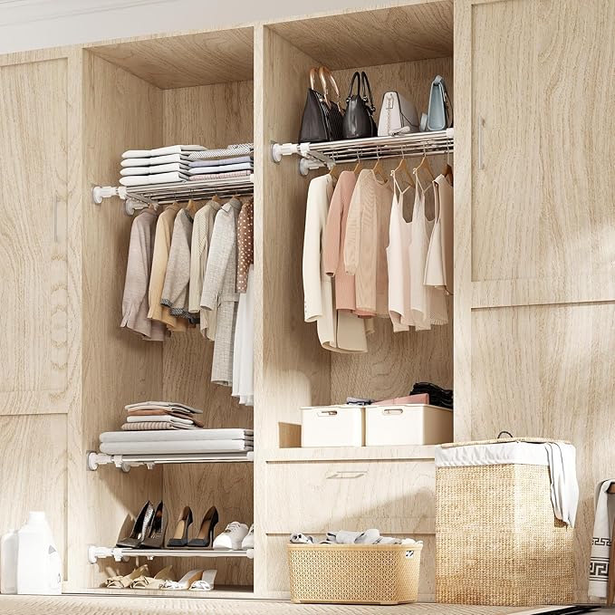 BAOYOUNI Tension Closet Shelves Stainless Steel Rustproof Storage Rack Bathroom Kitchen Organizer Shelf Dividers Ivory, 23.62-31.5 Inches