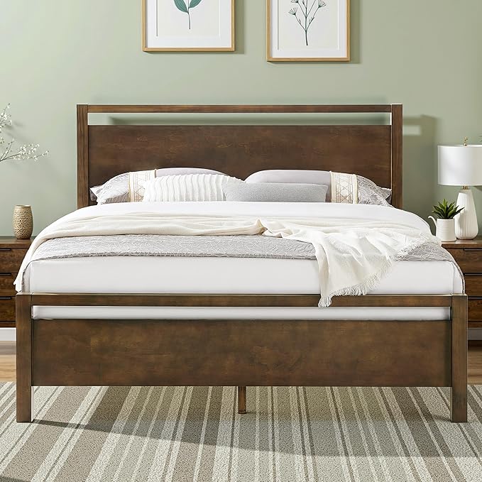 AMERLIFE King Size Solid Wood Bed Frame with Headboard, Minimalist Platform Bed with Wooden Slats Support/No Box Spring Needed/Easy Assembly/Noise-Free, Dark Brown