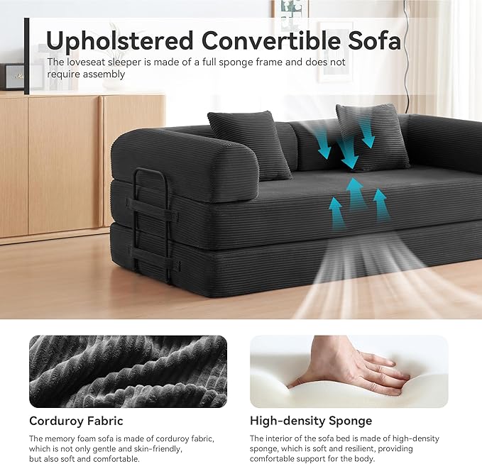 Convertible Sleeper Bed with Cylindrical Pillow, Comfy Foldable Bed Compressed Sofa in Box, Floor Sofa Lounge Couch for Living Room Bedroom Lounge Studio, Tool-Free Assembly (Black)