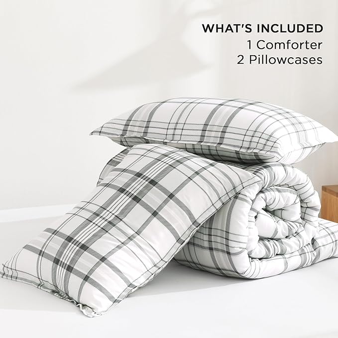 Andency Green White Plaid Comforter Set Full(79x90Inch), 3 Pieces Preppy Grid Gingham Stripes Bedding Comforter Sets for Boys Girls Kids Teens, Green Line Soft Lightweight Geometric Reversible Bed Set