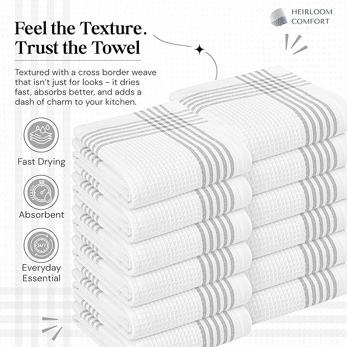 Grey and White Cotton Kitchen Towels 5 Pack, 16x26 Inch, Waffle Weave, Quick Dry, Absorbent, Durable Dish Towels for Drying, Cleaning, Cooking, Daily Kitchen Use