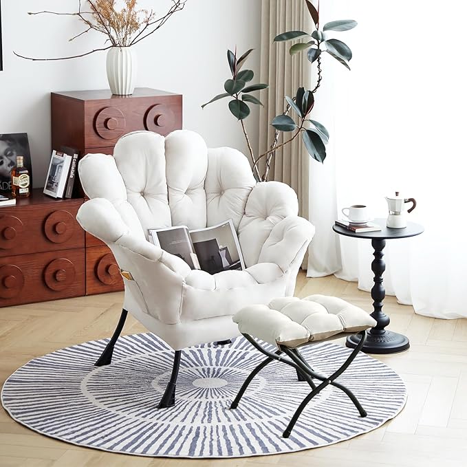 Tiita 2025 Lazy Chair with Ottoman, Modern Floral Upholstered Lounge Armchair, Mid-Century Comfy Reading Chair with Footrest Oversized Armchair for Bedroom, Living Room, Dorm Room, Beige