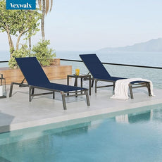 Foldable Pool Lounge Chairs, Aluminum Chaise Lounge Outdoor with 5 Positions Recliner - Free Assembly - Patio Lounge Chair for Poolside, Beach (Navyblue)