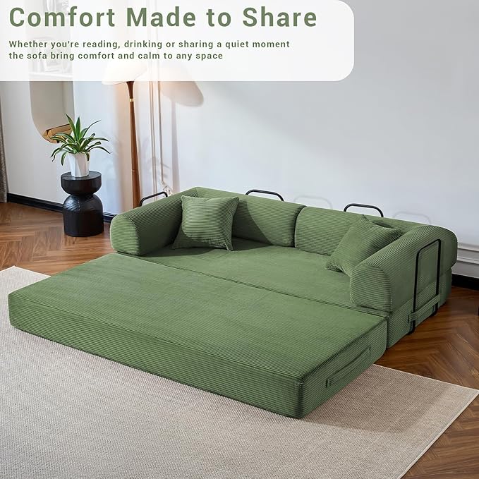 Compressed Sofa, Convertible Sofa Bed, Corduroy Compression Boneless Couch with Pillow, Comfy Modular Foldable Floor Sleeper Sofa for Bedroom, Living Room, Lounge, Studio (Olive Green)