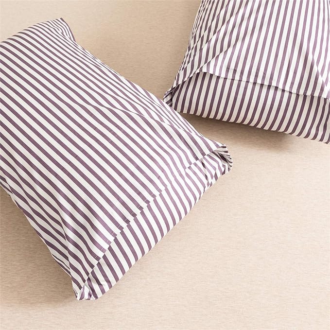 JELLYMONI 100% Natural Cotton 3pcs Striped Duvet Cover Sets,White Duvet Cover with Purple Stripes Pattern Printed Comforter Cover,with Zipper Closure & Corner Ties(King Size)