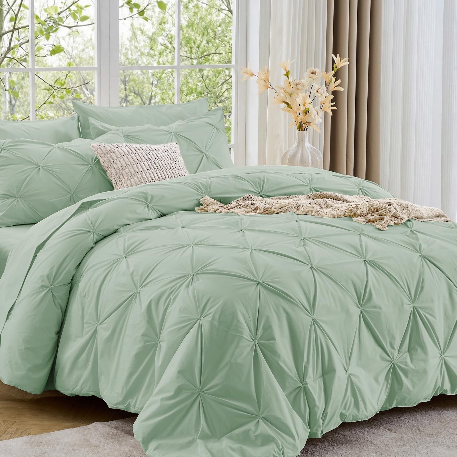 Sasttie Twin XL Comforter Set, 5-Piece Bed in a Bag, Pintuck Bedding Sets for All Season, Includes Comforter, Flat Sheet, Fitted Sheet, Pillowcase and Pillowsham, Beige