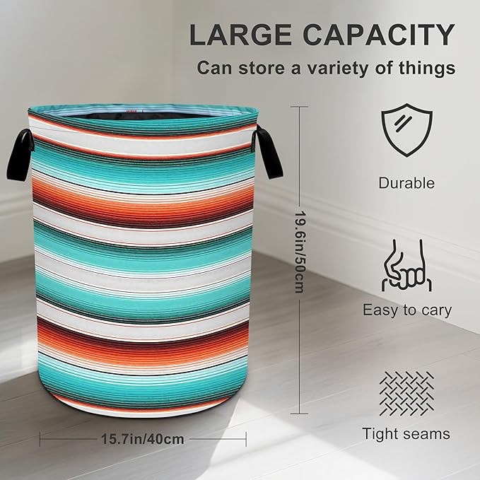 Mexican Serape Stripe Laundry Basket Foldable Oxford Cloth Tote Bag Laundry Hamper Clothes Storage Bucket Organizer For Bathroom/Laundry Storage/Bedroom 19.6x15.7 Inch