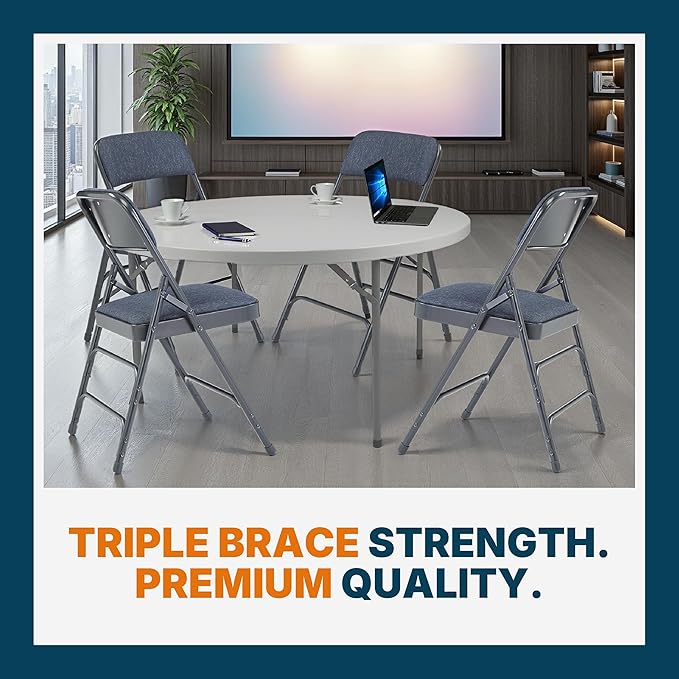 OEF Furnishings OEF2300 Series Heavy-Duty Premium Fabric Padded Upholstery Double-Hinged Triple-Braced Folding Chairs (4-Pack, Midnight Blue)