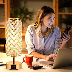 Crystal Table Lamp, Gold Lamp for Bedroom with USB-C USB-A Charging Ports, 3 Way Dimmable Light with Crystal Lampshade, Bedside Lamp Small Touch Light for Girl Room in Gold