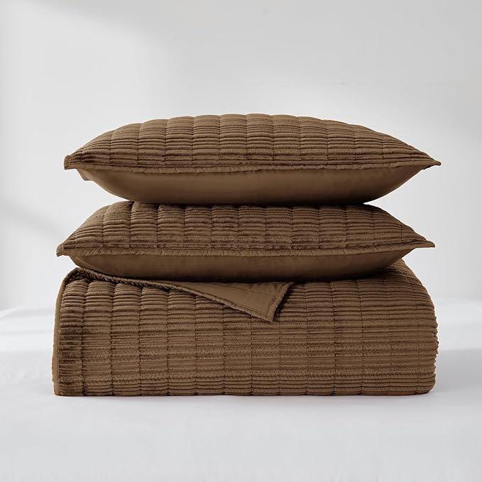 Wonderful Luxury Velvet Quilt Striped Channel Stitch Brown Quilt Queen, Soft Tufted Corduroy Lightweight Comforter, Pet-Friendly, Tear-Resistant, Bedspread Coverlet Bedding Set for All Season 94"x94"