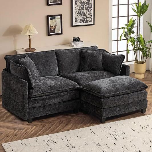 SoarFlash Chenille 77.95" Sectional Sofa, Comfy L Shaped Modular Coush Sofa with Ottoman, Modern 2 Seat Couch Deep Seat Sofa Set for Living Room,Black