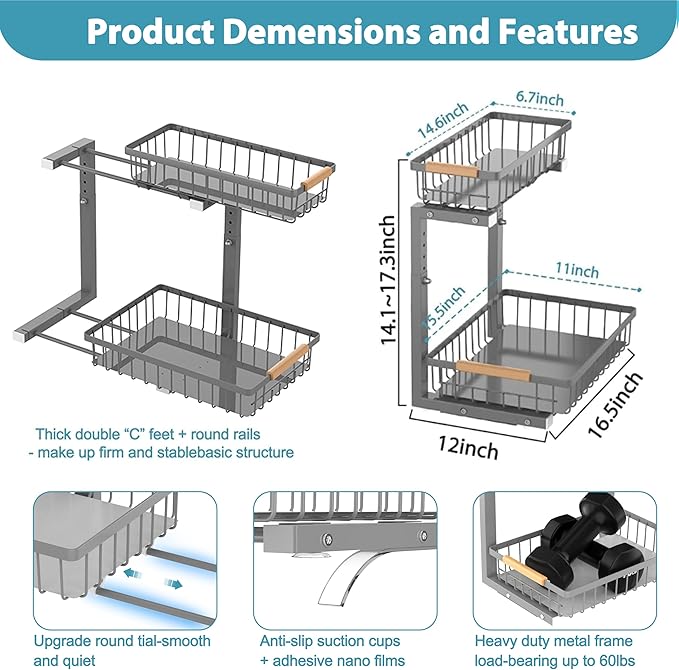 Under Sink Organizer Storage 2 Pack, 2 Tier Slide Out Height Adjustable Pull Out Cabinet Organizer Drawer for Kitchen Bathroom Large Under Sink Shelf Rack Caddy for Pantry, Grey