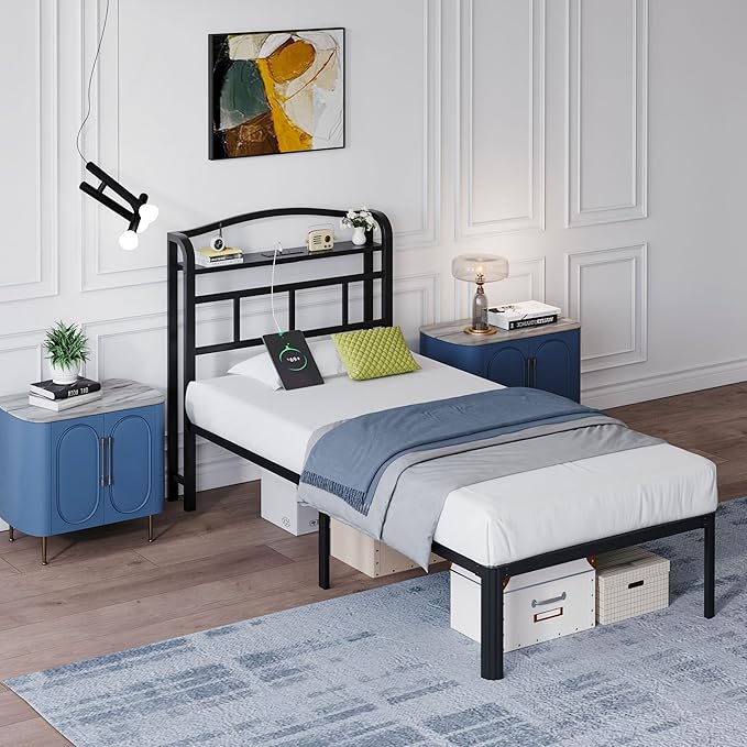 14 Inch Metal Bed Frame - Twin Size Black Heavy Duty Bedframe Platform Basic Mattress Foundation with Headboard & Charging Station No Box Spring Needed/Easy Assembly/Noise-Free