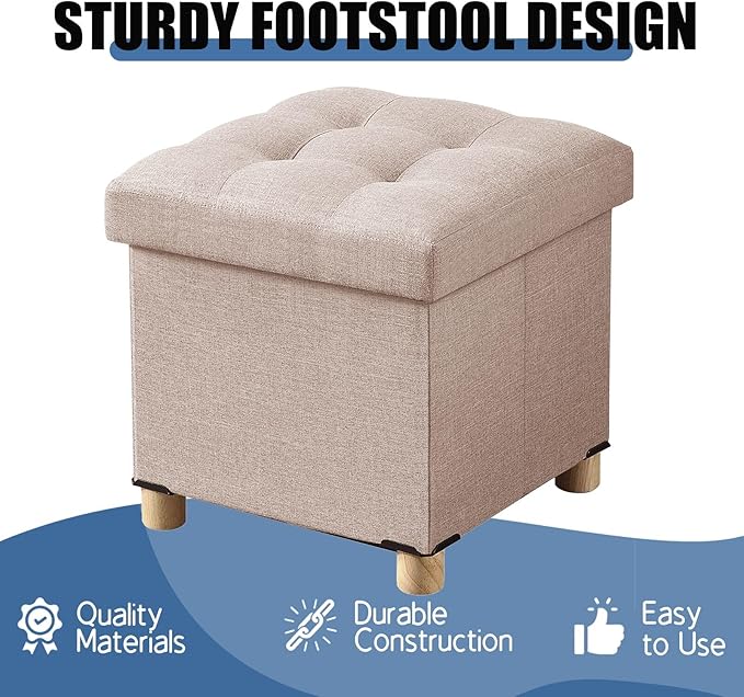 BRIAN & DANY 15 Inches Ottoman with Storage, Square Small Storage Ottoman Foot Rest with Legs, Ottomans Foot Stool for Dorm, Living Room, Entryway (Beige)