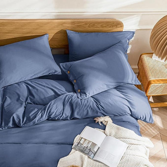 JELLYMONI Cotton Duvet Cover Twin Size - Blue Comforter Cover with Button 100% Washed Cotton 2PCS Breathable Soft Solid Bedding Set Duvet Cover 68×90in & 1 Pillowcase (NO Comforter)