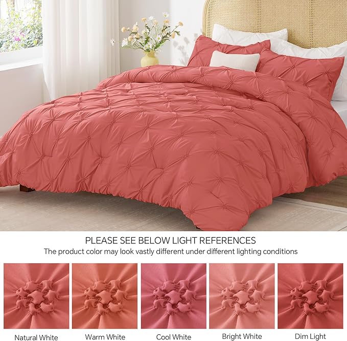 BEDELITE Coral Queen Comforter Set - 3 Pieces Boho Pintuck Bedding Comforter Sets, Lightweight Soft & Warm Bed Comforter Queen with 2 Pillowcases for All Season