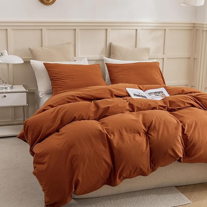 ECOCOTT 100% Washed Cotton Duvet Cover Twin Size – Soft & Breathable Linen Feel Bedding Set, 3 Pieces Brown Comforter Cover with Zipper Closure for All Seasons