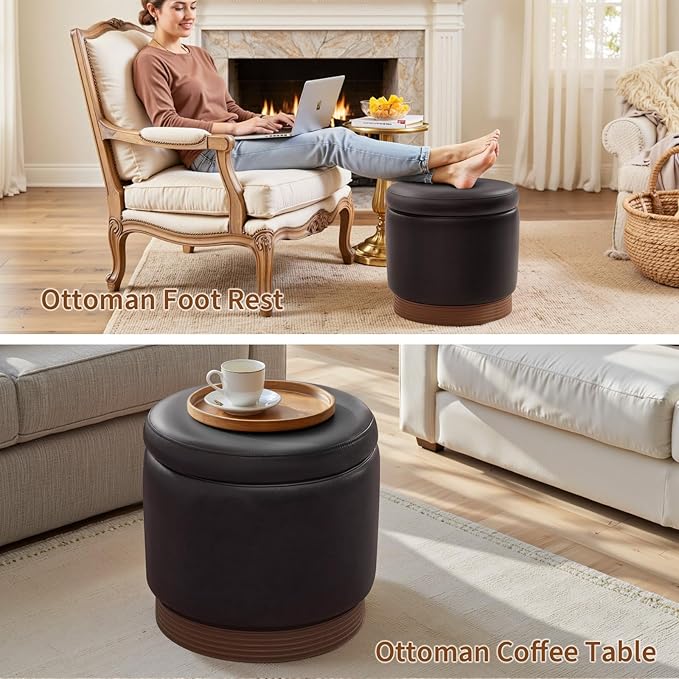 Round Storage Ottoman,Swivel Vanity Stool-Smooth Faux Leather Foot Rest,Footstool Pouf with Sturdy Acacia Wood Frame(500lbs),Small Coffee Table & Hidden Storage Ottoman for Living Room