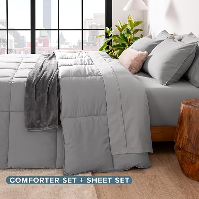 Bare Home Bed-in-A-Bag 5 Piece Comforter & Sheet Set - Twin - Goose Down Alternative - Ultra-Soft 1800 Premium Bed Set (Twin, Light Grey/Light Grey)